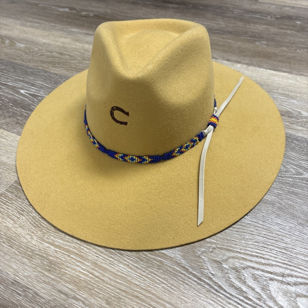Charlie 1 Horse Gypsy Felt Hat In Rare Mustard Color Size Small Beaded Blue Band